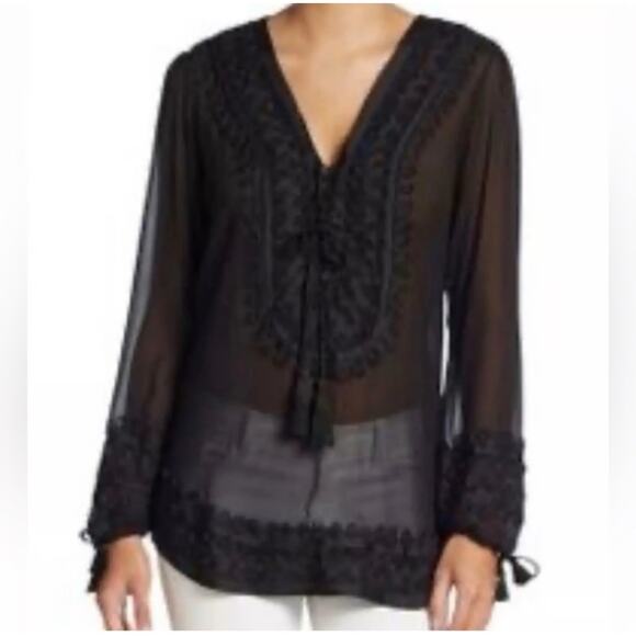 Calypso St. Barth Black 100% Silk Long Sleeve Embroidered Tassel Blouse Sz Large - Picture 1 of 11